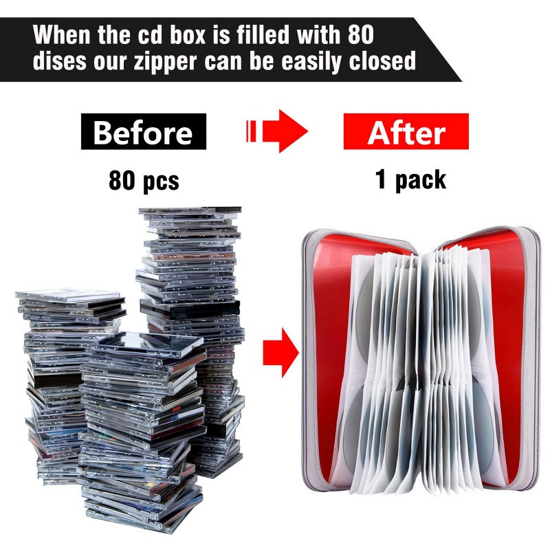 Siveit CD Case Holder, 80 Capacity CD/DVD Case Holders Wallet Hard Plastic CD DVD Disc Cases Storage Binder for Car Home Office Travel (Red) - Image 4